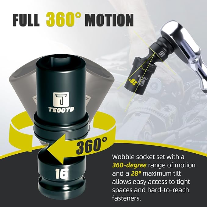 16 PCS 1/2" Drive Swivel Socket Set, Impact Swivel Socket Set, Universal Impact Socket Set, Wobble Socket, 6-Point, Metric, 10-22mm, CR-MO, with Extension Bars and Adapter