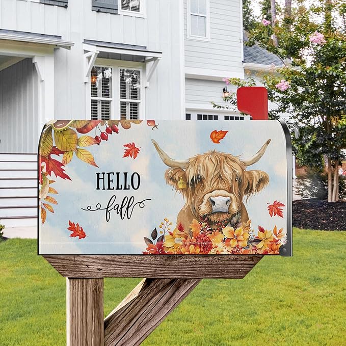 Fall Highland Cow Mailbox Cover Magnetic Standard Size 21x18 Inch Autumn Decorative Post Letter Box Wrap Decor Garden Yard Decoration