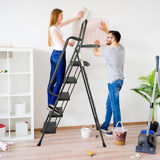5 Step Ladder, Protable Steel Folding Stool with Wide Anti-Slip Pedal, Tool Platfor, Sturdy Steel Ladder, Black