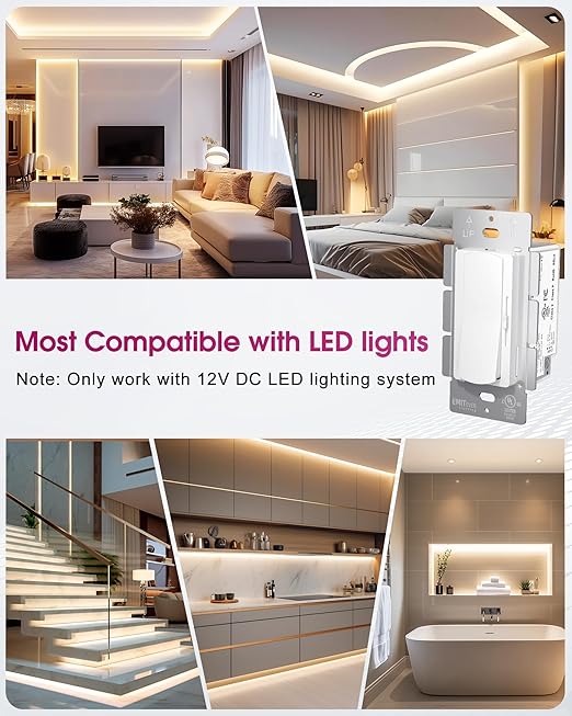 Dimmer Light Switch & 12V 120W Dimmable LED Driver 2 in 1, UL Listed Single-Pole or 3-Way Slide Dimmer Switches for Led Strip Lights,120VAC to 12VDC Power Supply for Low Voltage Project,Glossy White