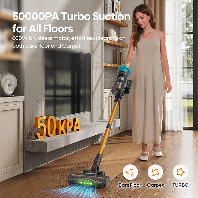 ElecKeys Cordless Vacuum Cleaner, 600W 50KPA 70Mins Self-Standing Vacuum Cleaners for Home, Stick Vacuum with Touch Screen, Upgraded Anti-Tangled Vacuum Cordless for Pet Hair, Floors, Carpets, Gold