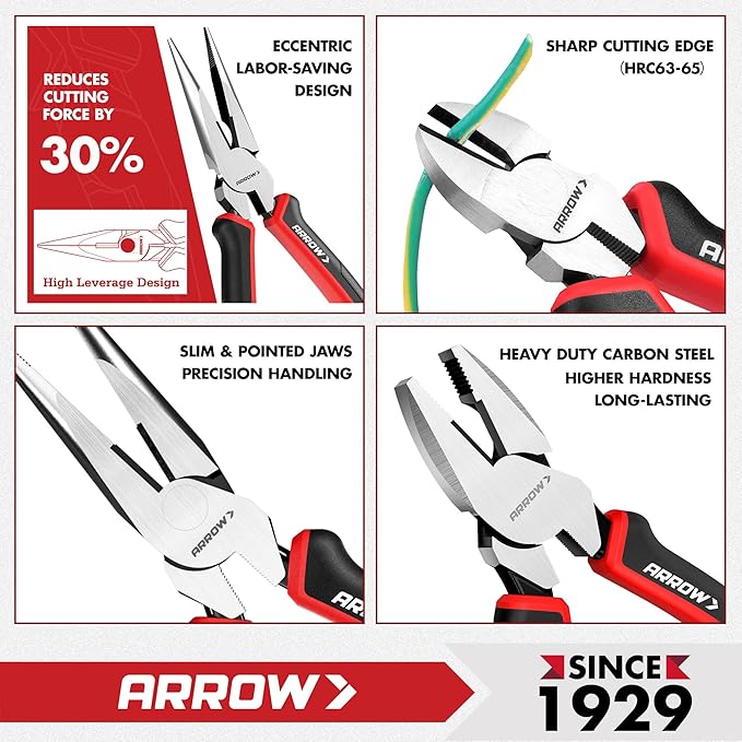 ARROW 3PC Pliers Set, Includes 8.5 Inch Linesman, 8 Inch Needle Nose Pliers, 6 Inch Diagonal Cutter, Comfortable Ergonomic Anti-slip Handle, for Basic Repairs