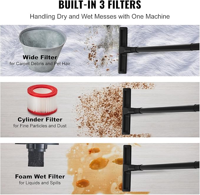 VEVOR Shop Vac Wet and Dry Vacuum Cleaner 5 Gallon 6 Peak HP - Powerful Suction with Blower Function & Attachments 2-in-1 Crevice Nozzle - Perfect for Car Carpet Debris Pet Hair Black/Yellow