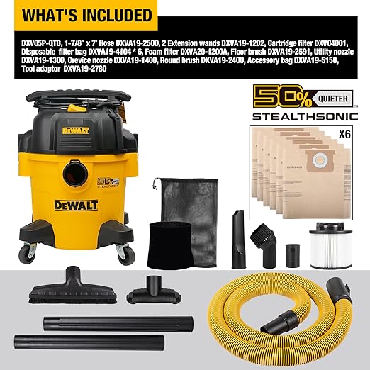 DEWALT Shop Vacuum 5-Gallon 4 HP STEALTHSONIC Wet/Dry Vacuum Cleaner DXV05P-QTB Ultra Quiet Poly Shop Vacuum with Powerful Suction for Garage, Jobsite, and Workshop