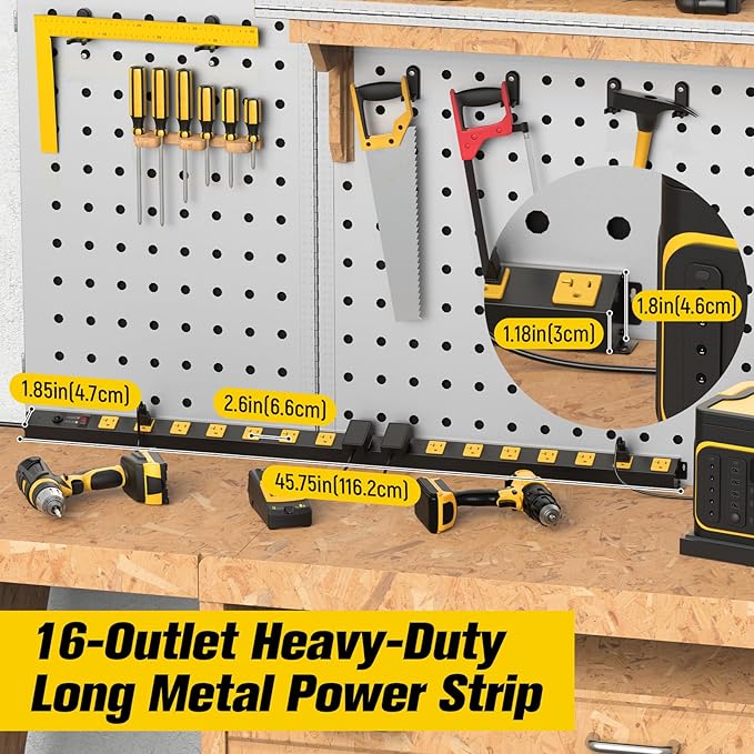 HHSOET 16 Outlet Long Power Strip, 15FT Heavy Duty Power Strip with 4800J Surge Protection, 20a Mountable Wide-Spaced Outlets for Home, Office, Garage & Workshop - ETL Certified
