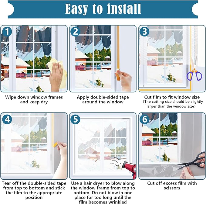 Window Insulation Kit, 63 × 394" and 87 × 110"Plastic Window Coverings for Winter, Thicken Window Shrink Film Insulator Kit Windows Waterproof Winterizing with Double-Sided Tape