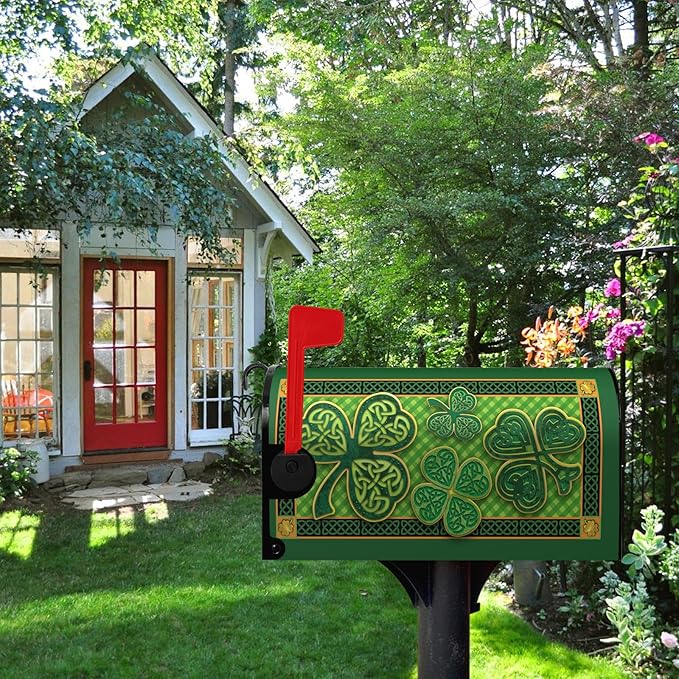 St. Patrick's Day Mailbox Cover - Magnetic, Standard Size, Green Shamrocks & Four Leaf Clover, Waterproof, 21x18 Inch