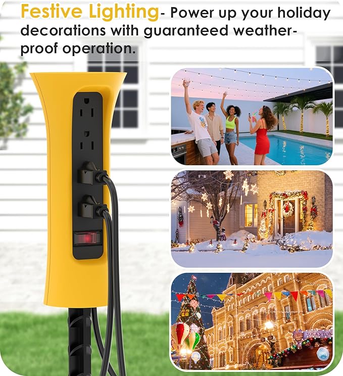 CCCEI Outdoor Power Strip Weatherproof with Stake, Waterproof Extension Cord with Multiple Outlets, Christmas Exterior Garden Decor, Yard, Camping, 4 Plugs, Surge Protector 6FT, Yellow.