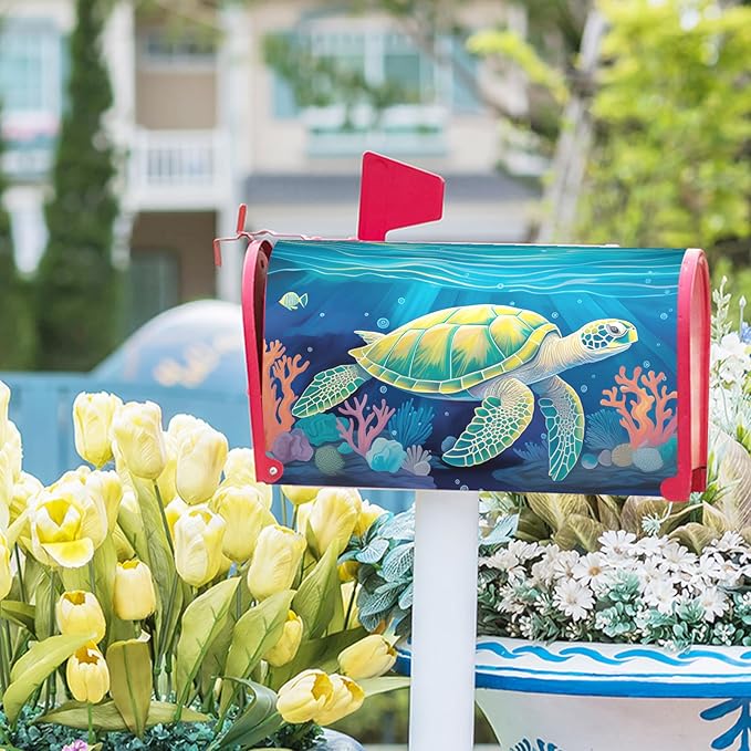Nautical Sea Turtle Coral Seashell Mailbox Covers Summer Ocean Beach Blue Mailbox Covers Magnetic Standard Size 21x18 Inch Waterproof Mail Box Wraps Post Letter Box Covers Garden Yard Outdoor Decor