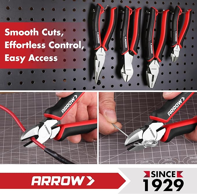 ARROW High Leverage Diagonal Pliers, 6 Inch Wire Cutters with Comfortable TPR Handle, High Carbon Steel Side Cutters for Cutting Wire