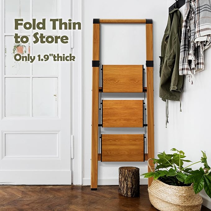 Taranta 3 Step Ladder, Portable Folding Ladder with Wide Pedal, Lightweight Aluminum Step Stool with Convenient Handgrip, 330 lbs Capacity Stepladder for Home, Office - Woodgrain