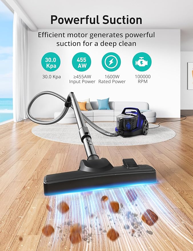 Aspiron Canister Vacuum Cleaner, 30Kpa Bagless Vacuum Cleaners, 3.7QT Large Dust Cup, Double HEPA Filter, Retractable Cord, 1600W Lightweight Vacuum Cleaner with 5 Tools for Hard Floors, Indigo
