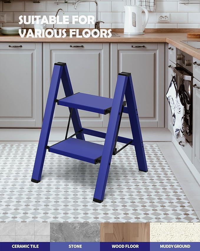 Taranta 2 Step Ladder,Aluminum Lightweight Folding 2 Step Stool with Anti-Slip Wide Pedal,330lbs Capacity Step Ladder for Household,Kitchen,Office - Blue