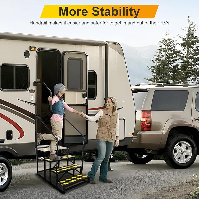 RV Steps with Handrail, Hot Tub Steps with Handrail, Portable Stairs Steps for 5th Wheel RV, Mobile Home Stairs Outdoor RV Step (4 Steps with 2 Handrails)