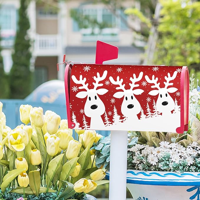 Kawani Merry Christmas Mailbox Cover - Red Deer Snowflake Magnetic Standard Size 25.5x21 Inch Winter Xmas Holiday Decorative Post Letter Box Cover for Garden Yard Decor