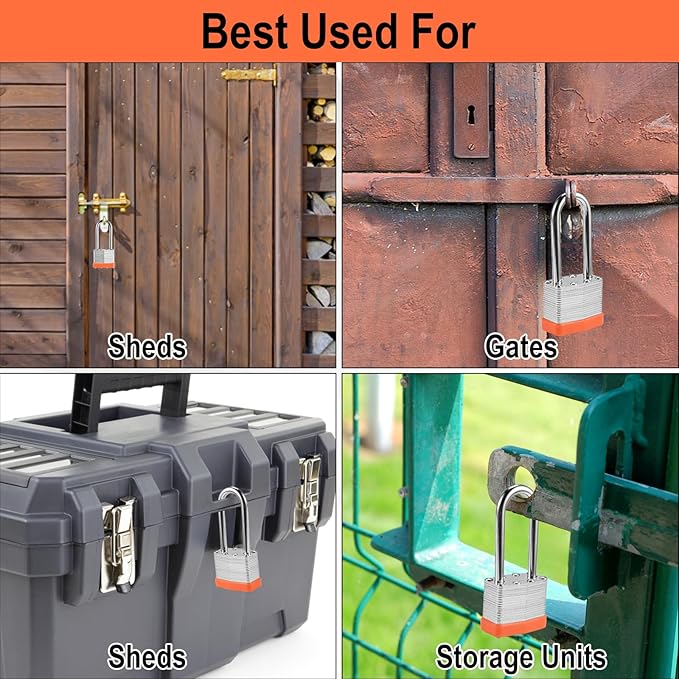 6pcs Solid Keyed Alike Padlock with 12 Same Keys - Resist Cutting, Gym Locker Lock with Key, Storage Pad Lock for Locker Gym Gate Outdoor Indoor Use (Long Shackle)