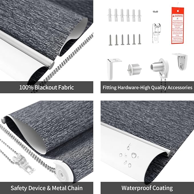 ALLBRIGHT 100% Blackout Roller Blinds Woven Shades with Striped Jacquard, Cordless Window Shades, UV Protection Fabric, Easy-Install for Indoor Home & Office, Dark Blue, 30" W x 72" H