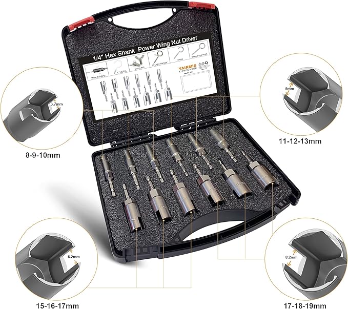 12 Pack 1/4" Hex Shank,Power Wing Nut Driver Set,Slot Wing nuts Drill Bit Socket Wrenches Tools Set, Drills Bits for Panel Nuts screws eye C hook bolt (Full set of 12 Pack 12 Size)