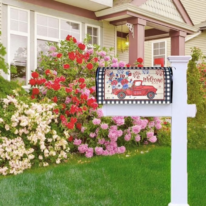 Buffalo Plaid Patriotic Mailbox Covers - American Flag Red Blue Floral Truck Magnetic Standard Size 25.5x21 In Waterproof Post Box Wraps Garden Yard Decor for Outdoor