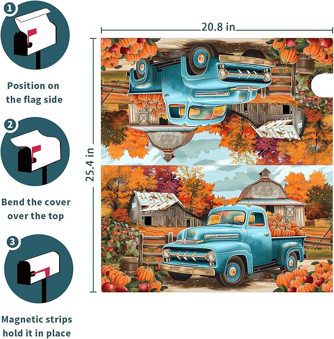Kawani Fall Mailbox Cover - Autumn Harvest Thanksgiving Pumpkin Farm Truck Magnetic Standard Size 25.5x21 Inch Rustic Waterproof Post Box Wrap Garden Yard Decor for Outdoor