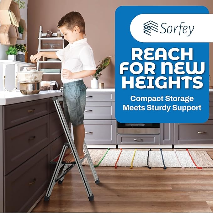 Step Ladder 1 Step Folding, Decorative - Beautiful Mahogany & Silver Aluminum, Ultra Slim Profile, Anti Slip Steps, Sturdy-Portable for Home, Office, Kitchen, Photography Use,by SORFEY