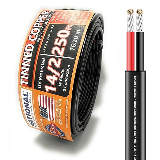 National Wire&Cable - 14/2 Tinned Copper Professional Wire (250 Feet) 14 AWG Gauge Stranded PVC Cord - 2 Conductor Electrical Wire - Made in USA - CL Rated/ETL Listed - Automotive, Low Voltage Cable