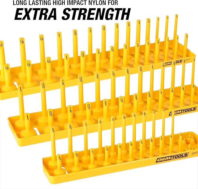 OEMTOOLS 22238 6 Piece SAE and Metric Socket Tray Set, SAE and Metric Socket Storage for Sizes 1/4", 3/8”, and 1/2" Drive, Socket Holders and Socket Organizer Tray for Toolbox, Black and Yellow