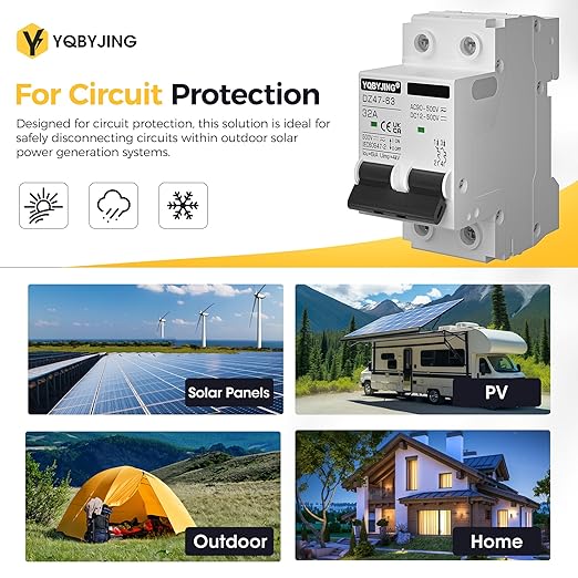 DC Circuit Breaker 32 Amp Solar Panel Disconnect Switch 12V-500V 2 Poles Miniature Solar Circuit Breaker for Outdoor PV Homes Battery, AC 110V DIN Rail MCB