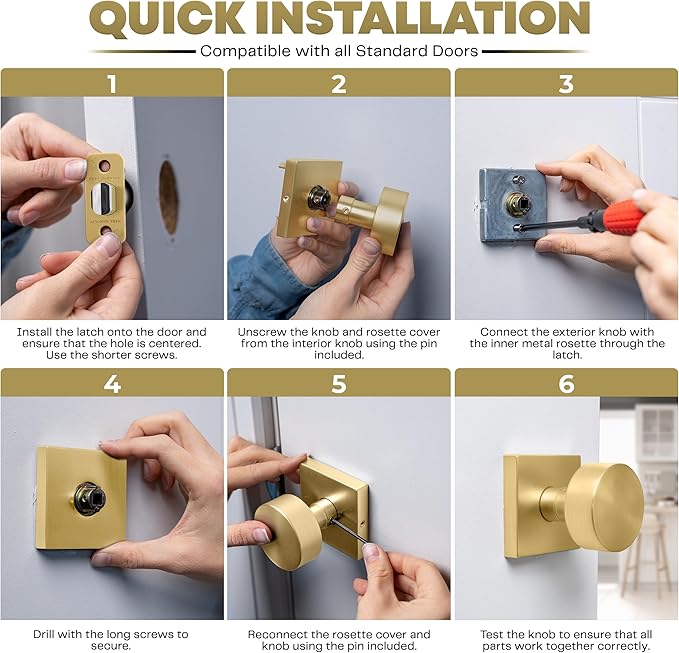 Mega Handles SUANA Passage Door Knob for Hallway, Closet and Bathroom, Reversible Heavy Duty Design Door Knobs, Fits All Standard Door Sizes, Screws Included - Satin Brass (1 Pack)