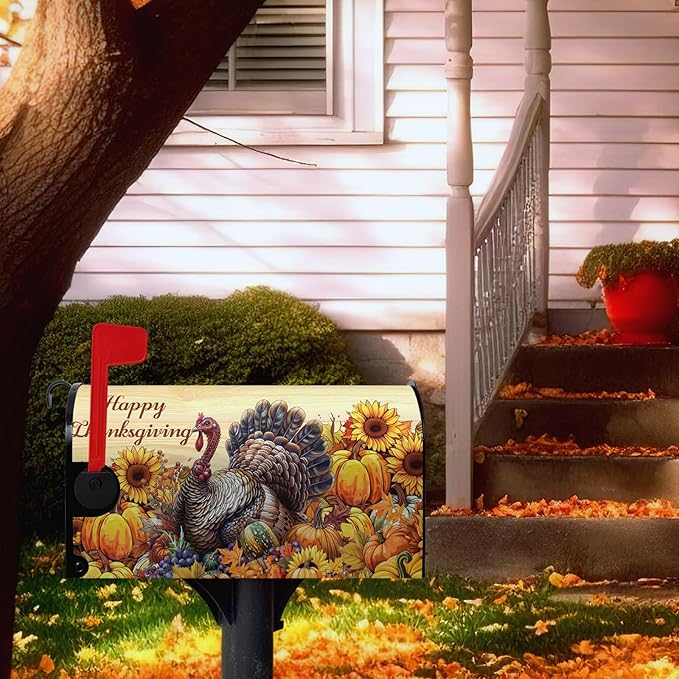 Happy Thanksgiving Turkey Mailbox Covers Magnetic Standard Size 21 x 18 Inch Fall Sunflower Pumpkin Mailbox Cover Wrap Thanksgiving Letter Box Post Cover Outdoor Decorations for Garden Yard
