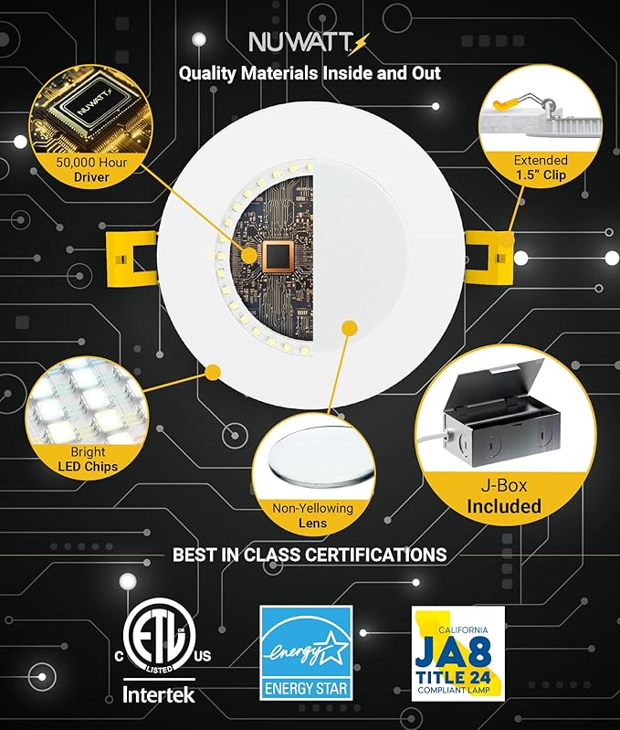 NUWATT 4 Inch Ultra Thin LED Recessed Lighting, 5CCT 2700K/3000K/3500K/4000K/5000K Selectable, 630LM, 9W, IC Rated, Dimmable Canless LED Wafer Light, White Trim, Metal Junction Box, ETL, 6 Pack