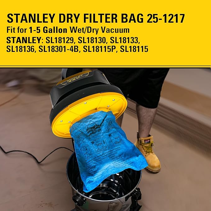 STANLEY Reusable Dry Filter Bag for 1-5 Gallon Wet/Dry Vacuum 25-1217, Compatible with SL18129, SL18130, SL18133, SL18136, SL18301-4B, SL18115P, SL18115, 3 Pack
