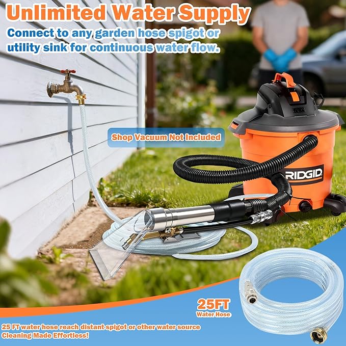 Happy Tree Universal Fit All Brands' Shop Vac Extractor Hose Kit Adapter Wet-dry Extraction Accessory for Upholstery & Carpet Cleaning Auto Detailing Wet Vaccum Accessories with 25 Feet Water Hose