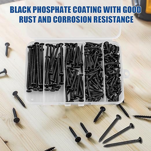 Wood Screws Assortment Kit, 168 PCS, High Hardness Phillips Drive Screws Set, Black Flat Head Wood Screws, Carbon Steel, 5 Sizes, Self-Tapping Screws for Wood, Drywall, Slate