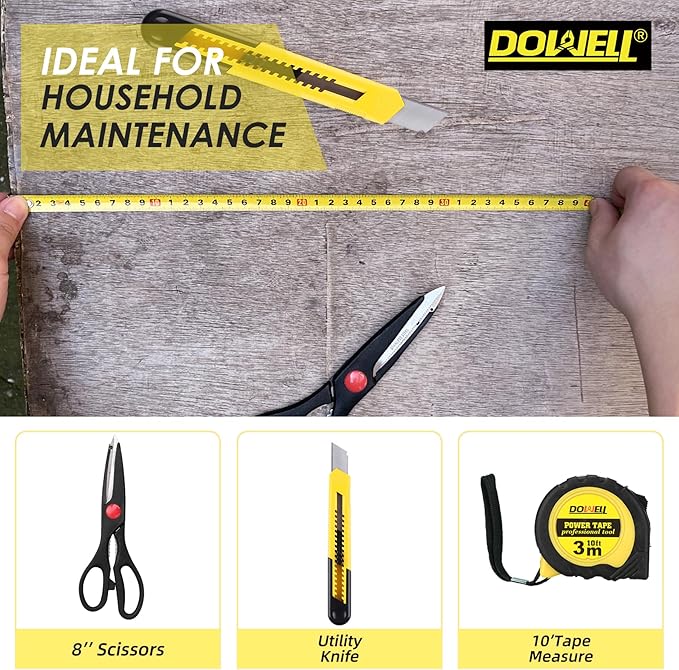 DOWELL 40 Piece Home Tool Set Yellow, General Household Hand Tool Kit with Plastic Toolbox Storage Case, Mini Repair Tool kit for Women, College Students, Home Use & More