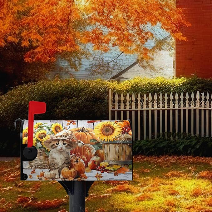Fall Pumpkin Sunflower Mailbox Covers Magnetic 25.5X21 Inch Cute Cat Autumn Harvest Mailbox Cover Thanksgiving Wraps Post Letter Box Cover Large Size Garden Farm Outdoor Yard Decor