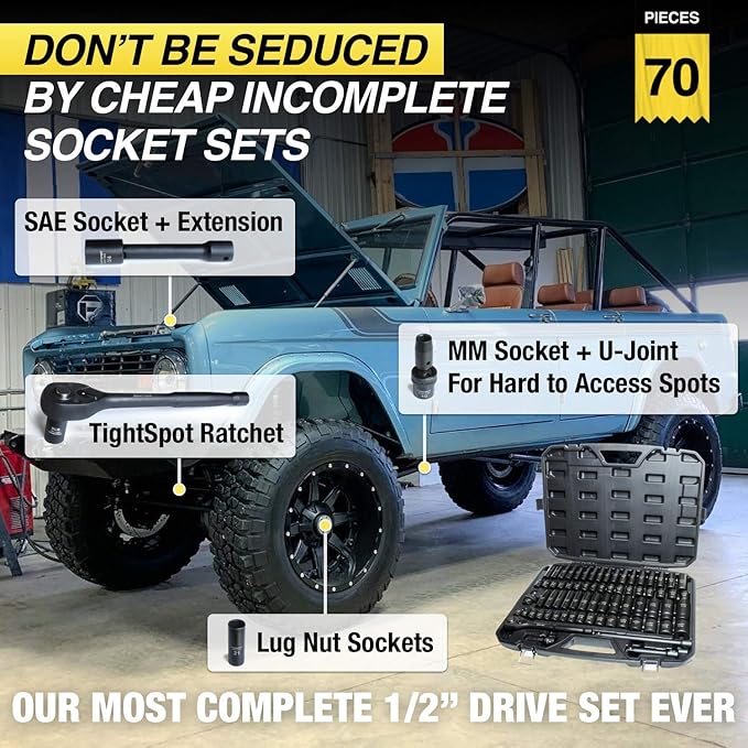 TIGHTSPOT 1/2" Drive 70pc Impact Socket MASTER SET with SAE & Metric from 5/16 Inch - 1-1/4 Inch, 8mm - 24mm, Standard/Deep Sockets with Extension Bars & Adapters & More