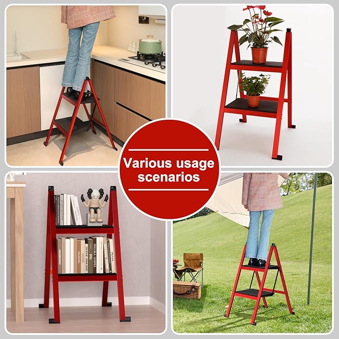 2 Step Ladder,Aluminum Ultra Thin Folding Step Stool,400 Lbs Capacity Heavy Duty with Anti-Slip Sturdy and Wide Steps,Closet Slim Step for Home,Kitchen and Office,Space Saving (Red, 2-Step)