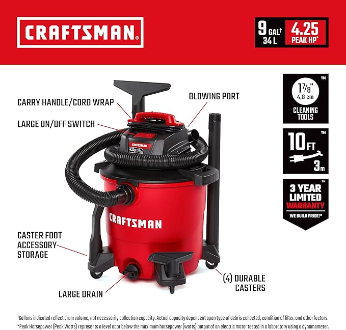 CRAFTSMAN CMXEVBE18590 9 Gallon 4.25 Peak HP Wet/Dry Shop Vac, Portable Shop Vacuum Wet and Dry with Filter, 3 Dust Bags, Hose and Attachments for Home, Garage and Automotive Cleaning
