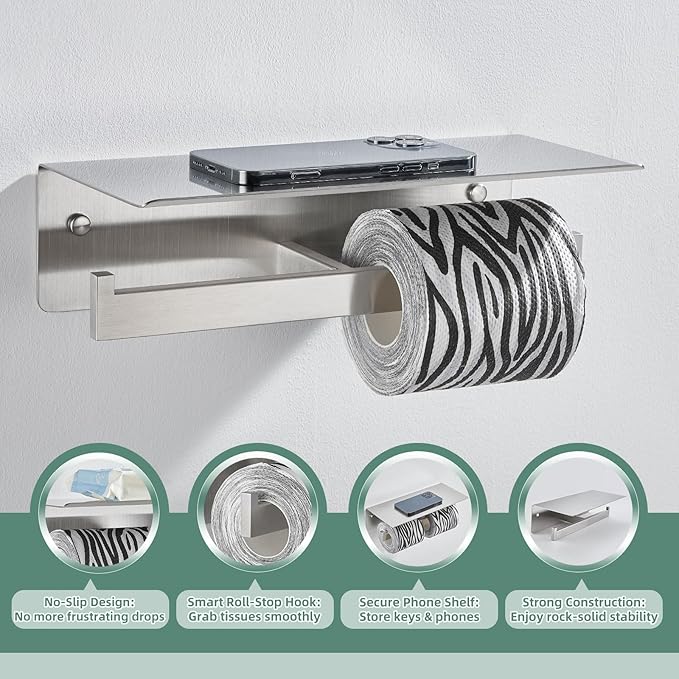 APLusee Double Toilet Paper Holder with Shelf, 304 Stainless Steel Brushed Nickel Bathroom Tissue Holder, Commercial Paper Roll Dispenser Wall Mounted