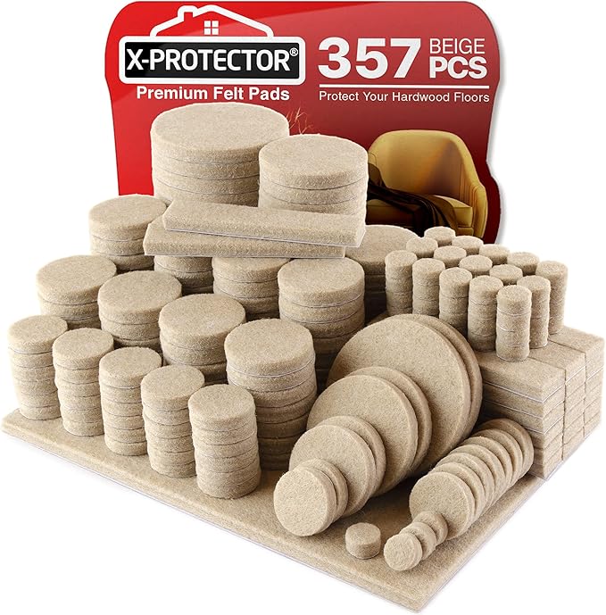 X-Protector 357 pcs Beige Felt Furniture Pads - Huge Quantity of Hardwood Floor Protectors with Many Big Sizes - Protect Any Type of Hard Floor