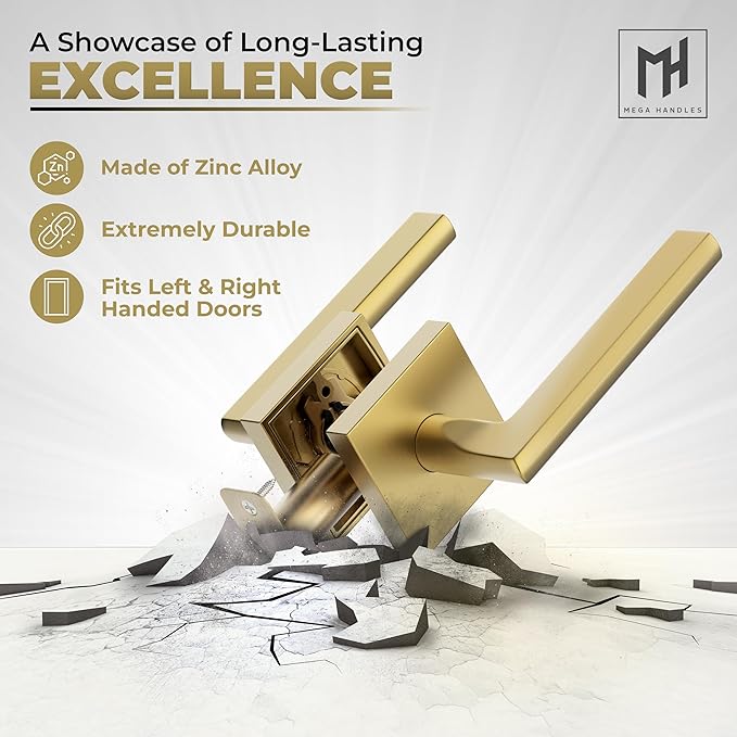 Mega Handles Prime Passage Lever Door Handle for Closet or French Doors, Single Side Door Levers, Fits All Standard Door Sizes, Covered Screws Included - Satin Brass (1 Pack) 5"