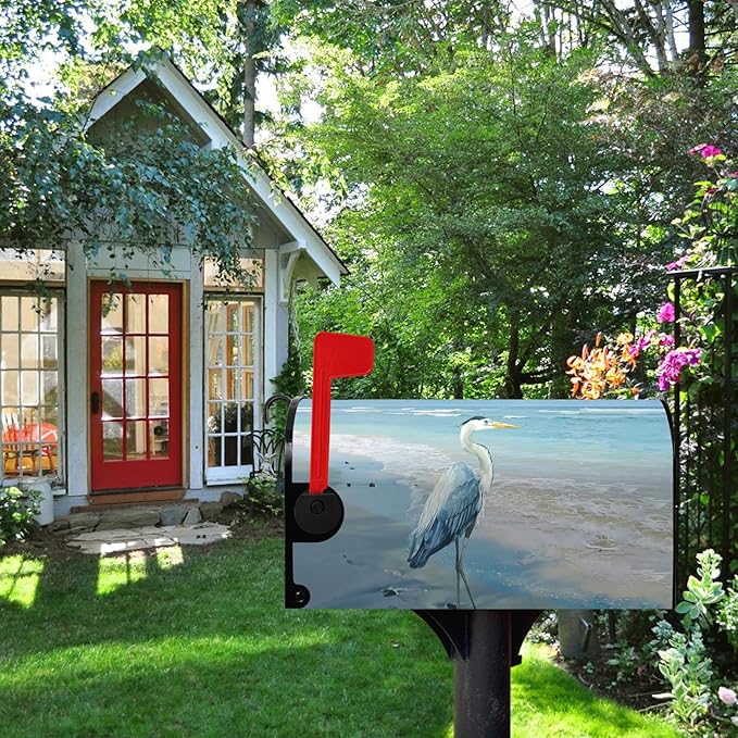 Heron Beach Mailbox Covers Summer Nautical Blue Mailbox Cover Magnetic Standard Size 21x18 Inch Coastal Sea Bird Letter Post Box Wraps Decor for Garden Yard