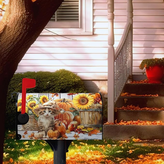 Fall Pumpkin Sunflower Mailbox Covers Magnetic 25.5X21 Inch Cute Cat Autumn Harvest Mailbox Cover Thanksgiving Wraps Post Letter Box Cover Large Size Garden Farm Outdoor Yard Decor