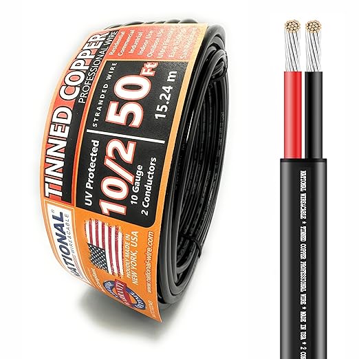 National Wire&Cable - 10/2 Tinned Copper Professional Wire (50 Feet) 10 AWG Gauge Stranded PVC Cord - 2 Conductor Electrical Wire - Made in USA - CL Rated/ETL Listed - Automotive, Low Voltage Cable