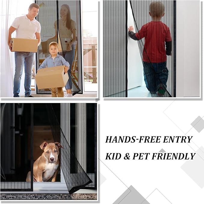 Magnetic Screen Door - Self Sealing, Heavy Duty, Hands Free Mesh Partition Keeps Bugs Out Let Breeze in- Pet and Kid Friendly - Keep Open Feature (Black, Fit Door Size 36 x 96 Inch)
