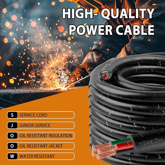 10ft 10/4 10 AWG Portable Power Cable (4 Conductor) - SJOOW 300V 10 Gauge Electric Wire for Motor Leads, Portable Lights, Battery Chargers and Machinery - 4 Conductor - 10 Feet Electrical Cord