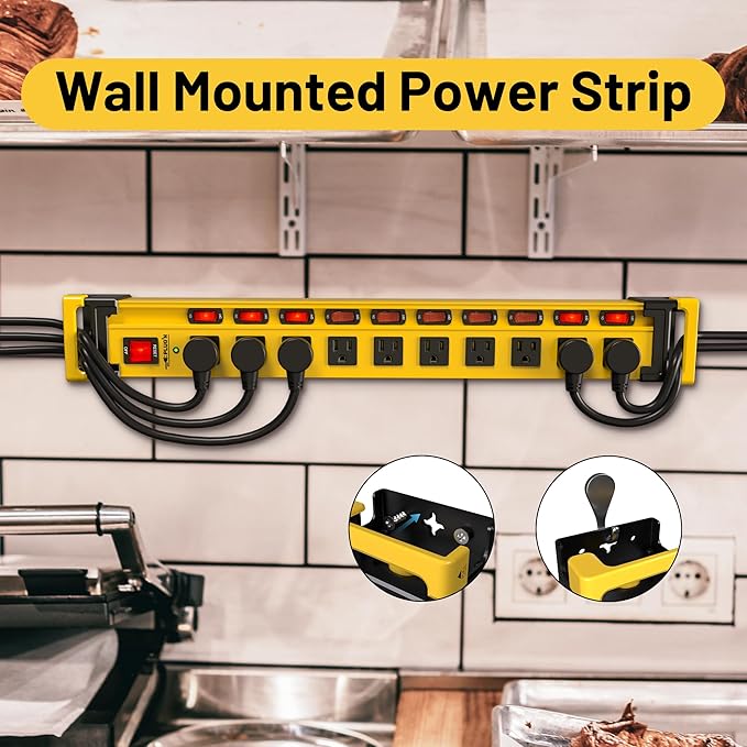 Plug'n 10 Outlet 3300J Surge Protector Power Strip with Individual Switches,Heavy Duty Metal Power Strip with Cord Manager,3FT/14AWG/15AMP/1875W Power Cord for Workshop,Garage