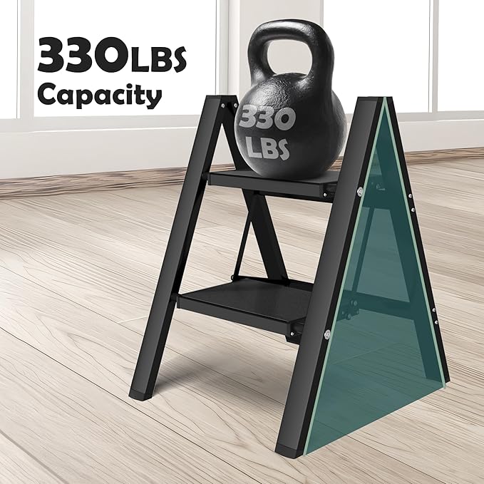 Taranta 2 Step Ladder,Aluminum Lightweight Folding 2 Step Stool with Anti-Slip Wide Pedal, 330lbs Capacity Step Ladder for Household,Kitchen,Office - Black