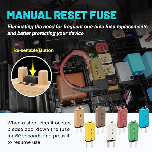 NuIth Manual Reset 5-30A Mini Fuse Circuit Breakers, E73 Low Profile ATM Circuit Breaker Blade Fuse DC 28V Resettable Standard Blade Fuses for Car Truck RV Marine (7PCS 5A-30A)